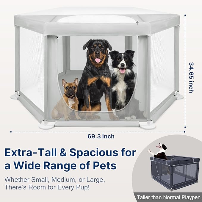 69.3"x69.3"x34.65" Extra Large Dog Playpen Indoor, Tall Puppy Playpen with Removable Roof, Sturdy Fabric Dog Pen for Medium to Large Pets, Spacious Hexagonal Pet Playpen Indoor for Comfort & Security