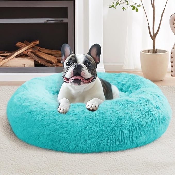 JOLLYVOGUE Medium Calming Dog Bed, Anti-Anxiety Donut Cuddler Cat Bed with Anti-Slip Bottom, Fluffy Faux Fur Machine Washable Pet Cushion for Medium Large Dog & Cat (31")