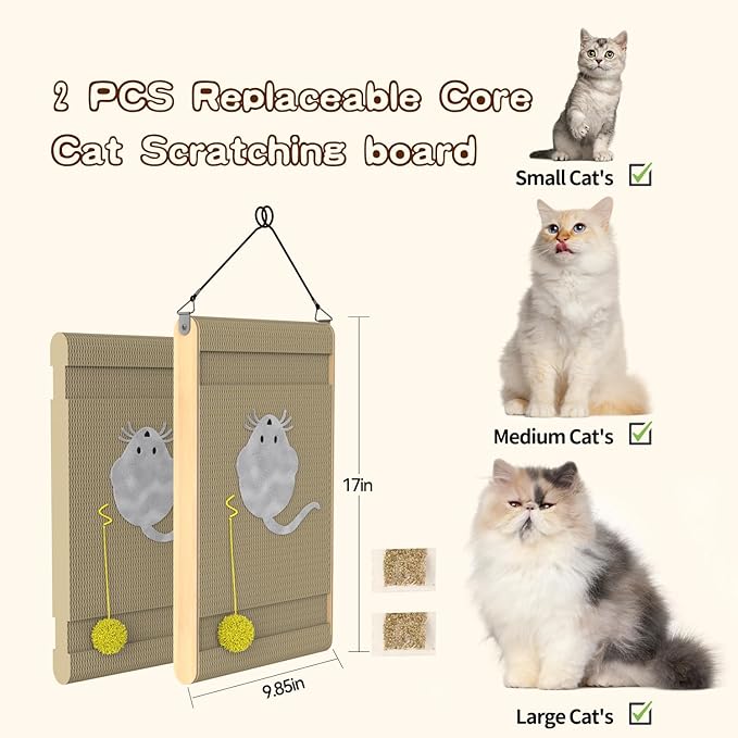 Cat Scratch Pad. Corrugated Cat Scratcher for Indoor Cats with Catnip. Cardboard Cat Scratcher with Mouse Logo and Hanging Ball Toy Design. Replaceable core Cat Scratching Board.(Pack of 2)