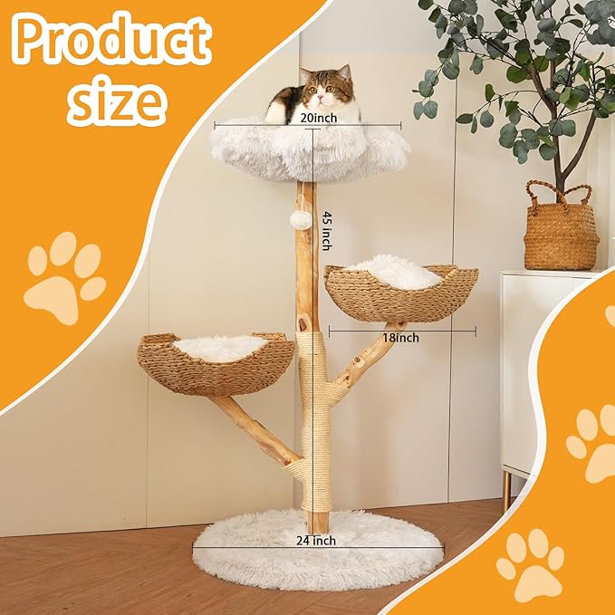 Modern Cat Tree Tower, 45” Wooden Cat Tree for Indoor Cats Large Adult, Real Solid Luxury Cat Condo with Scratching Post for Multi-Cat Households