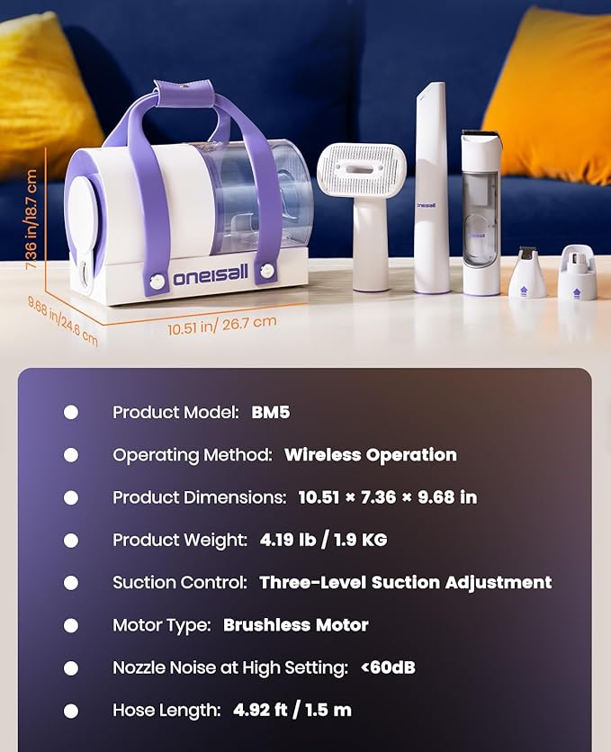 oneisall Cordless Low Noise Dog Grooming Vacuum,5200 mAh Dog Grooming Kit with Clippers,Nail Grinder,Trimmer,2L Dustbin for Shedding with Grooming Tools-Quiet Suitable for All Breeds,Comfy C1