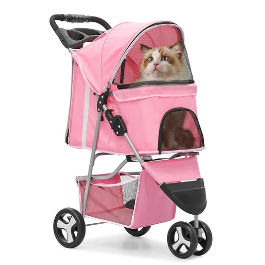 Cat Dog Stroller, 3-Wheels for Medium/Puppy Dogs 30 Lbs, Foldable Pets Stroller with Storage Basket and Cup Holder, Breathable Mesh Pink