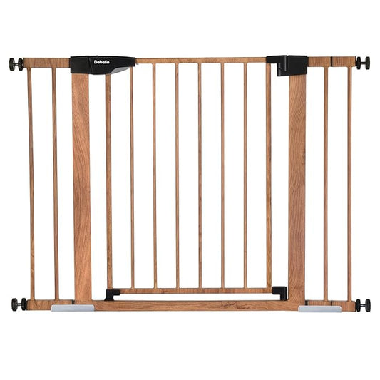Mom's Choice Award Winner-BABELIO 26-40 Inch Metal Baby Gate with Wood Pattern, Easy Install Pressure Mounted Dog Gate, Ideal for Stairs and Doorways, with Wall Protectors and Extension Kits