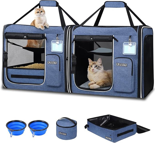 Petskd 2 in 1 Double Cat Car Travel Carrier with Litter Box, 38"x17"x18" Portable Dual Extra Large Cat Carrier for Multiple Cats with Zipper Locks for Moving Across The Country