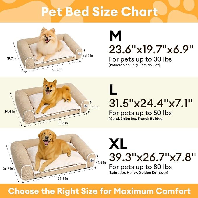 FUNNY FUZZY Orthopedic Dog Bed – Washable Dog Bed with Double Layer Plush Cushion Sofa Style Design with Bolstered Sides for Small Medium & Large Dogs Removable Cover M Size (23.6"x19.7"x6.9") Beige