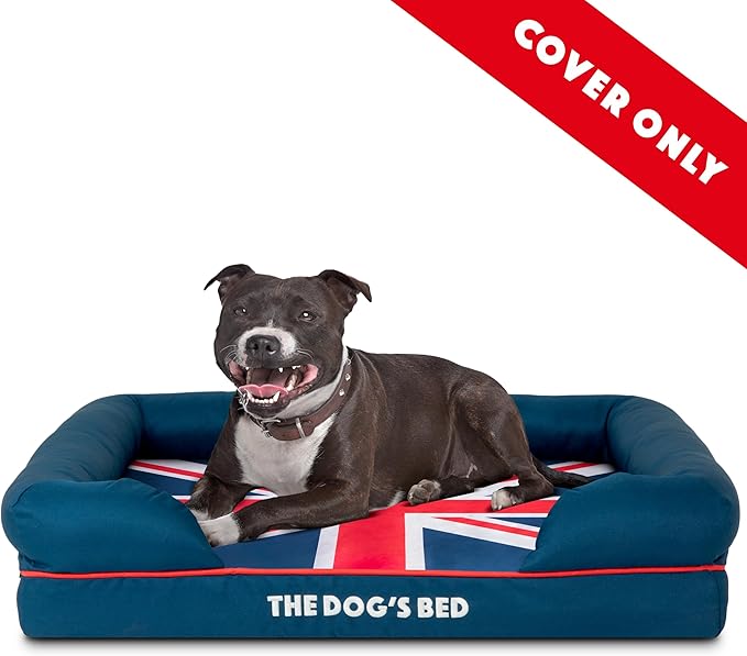 Replacement Outer Cover for The Dog's Bed Orthopedic Memory Foam Dog Bed. Washable Oxford Fabric, Medium (Blue with Red Piping UK Flag Embroidery & Centre Flag)