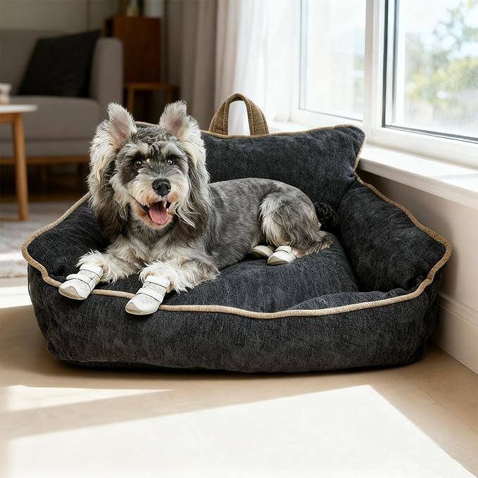 Small Orthopedic Dog Sofa Bed with Sides, Carry Handle & Side Pockets .Plush Chenille Orthopedic Pet Bed Couch for Small Breed Dogs & Cats .Portable Snuggler for Indoor Use, Travel & Recovery