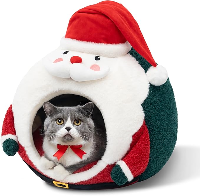 CATISM Christmas Cat Bed - Cat Bed for Indoor Cats, Cute Santa Claus Cat Beds with Warm Cushions Removable Cave with Non-Slip Bottom