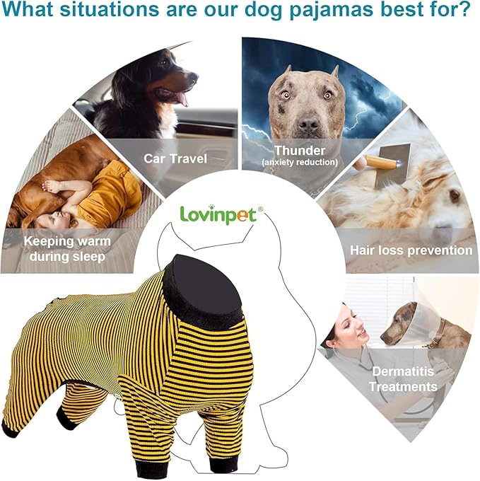LovinPet Dog PJS Clothes for Giant Dogs, Pitbull Pure Cotton Yellow and Black Stripe Dog Shirt, 4-Legged Design, Full Body Coverage, Pajamas for Pitbulls, Onesies for Dogs, 2XL