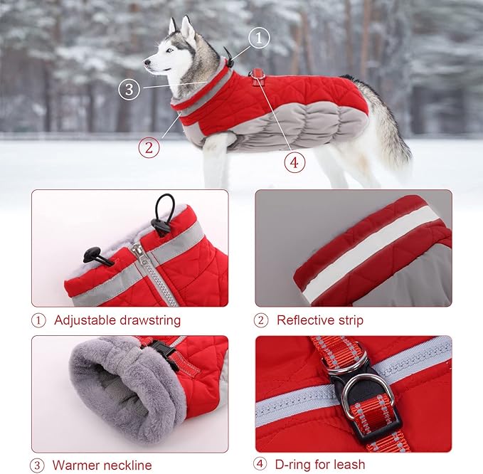Lelepet Dog Coat Warm Dog Winter Coat Waterproof Dogs Jacket with Harness Built in Reflective Pet Fleece Vest Zip-Up Cold Weather Coats for Medium Dogs Turtleneck & Windproof Coats Dachshund Red M