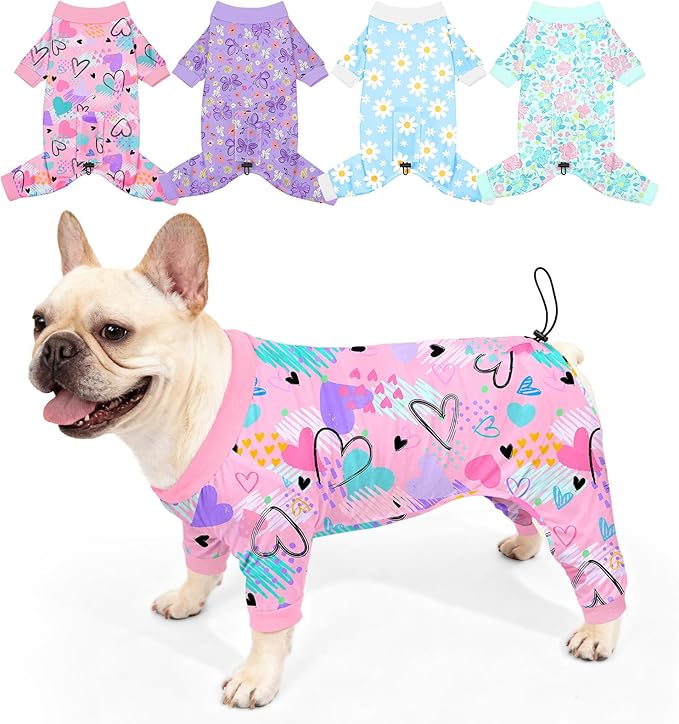 Bienbee Dog Pajamas, 4 Pack Cute Soft Dog Puppy Clothes Dogs Pjs Onesies Jammies Outfit Adjustable Breathable & Stretchy Clothes for Small Medium Large Dogs Girl Boy Puppy-L