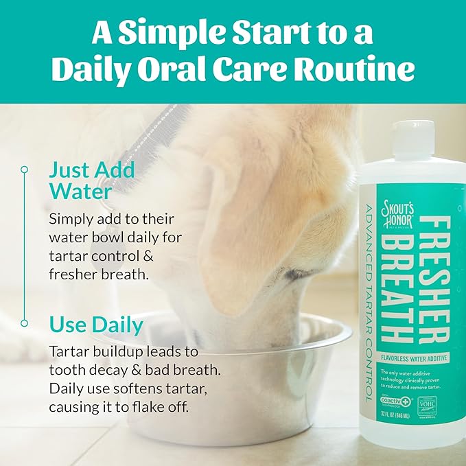 SKOUT'S HONOR Fresher Breath Water Additive, Fresh and Flavorless - VOHC Accepted for Tartar Control, Freshens Breath Fast, No Brushing Required, Great for Both Cats and Dogs, 32 oz