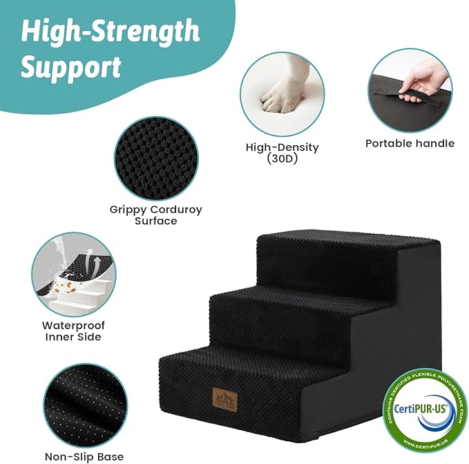 Dog Stairs for Small Dogs, 3 Tier Pet Stairs for Couch, 13.5" H Non-Slip Dog Steps for Old Cats, Puppy, Small Dogs, 15.7x17.7x13.5 inch, Black