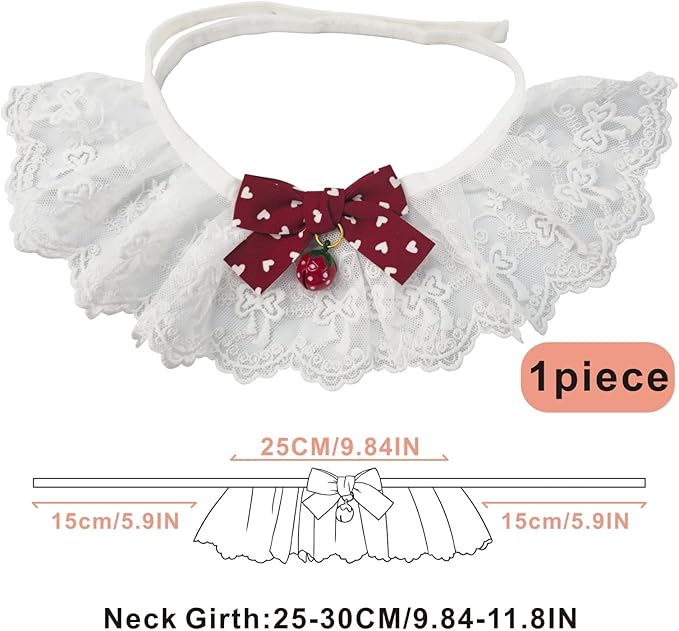 Elegant Lace Cat Collar with Cute Bow,Kitty Necklace with Bow Tie and Strawberry Small Bell,Pet Lace Bib Collar with Cute Bow,Cat Princess Costumes,Red,1 Piece