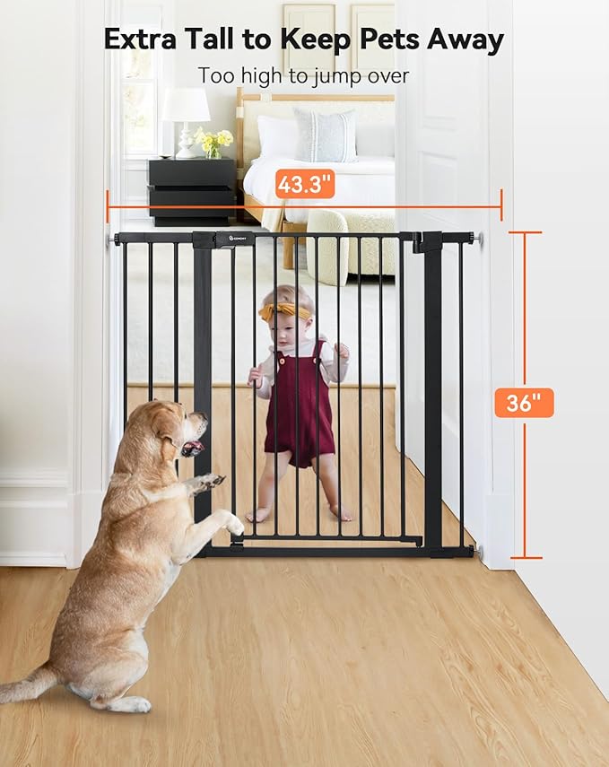 COMOMY 36" Extra Tall Baby Gate for Stairs Doorways, Fits Openings 29.5" to 43.3" Wide, Auto Close Sturdy Safety Dog Gate for House, Pressure Mounted Easy Walk Through Pet Gate with Door, Black