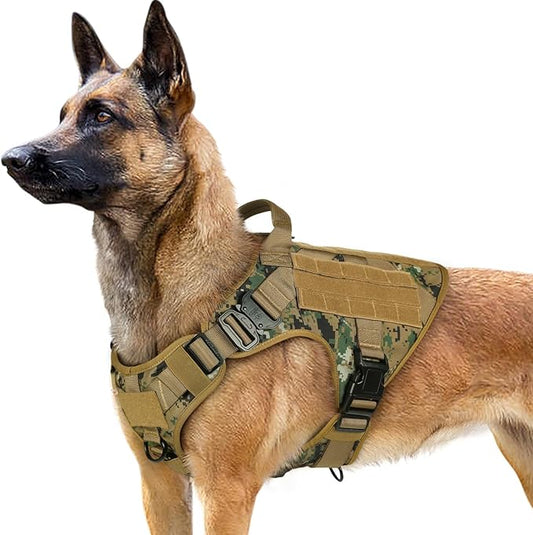rabbitgoo Tactical Dog Harness for Large, Heavy Duty Pet Harness with Handle, No-Pull Service Vest Large Breed, Adjustable Military Dog Vest for Training Hunting Walking, Brown Camo, L