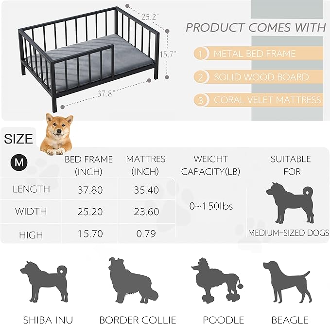 Dog Bed with Rails - Elevated Pet Metal Bed Frame with Solid Wood Board and Washable Soft Mat for Medium Dog Indoor or Outdoor Use, 25.2" x 37.8", Black