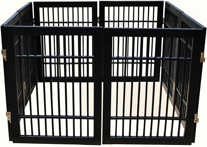 Pet Dog Gate Strong and Durable Freestanding Folding Acacia Hardwood Portable Wooden Fence Indoors or Outdoors by Urnporium (Black Pet Gate, 8 Panel 24" Tall)