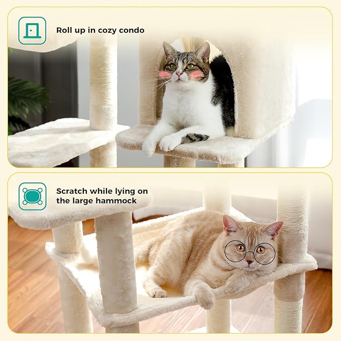 PAWZ Road Cat Tree, 56 Inches Tower Condo with Large Top Perch & Hammock, Cat Tower with Scratching Posts for Indoor Cats，Beige