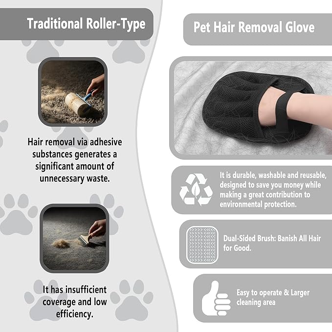 Pet Hair Removal Glove for Dogs & Cats,Five-Finger Electrostatic Glove for Clothes,Couch,Carpets,Car Seat,Individually Wrapped 2 Pack Black,L