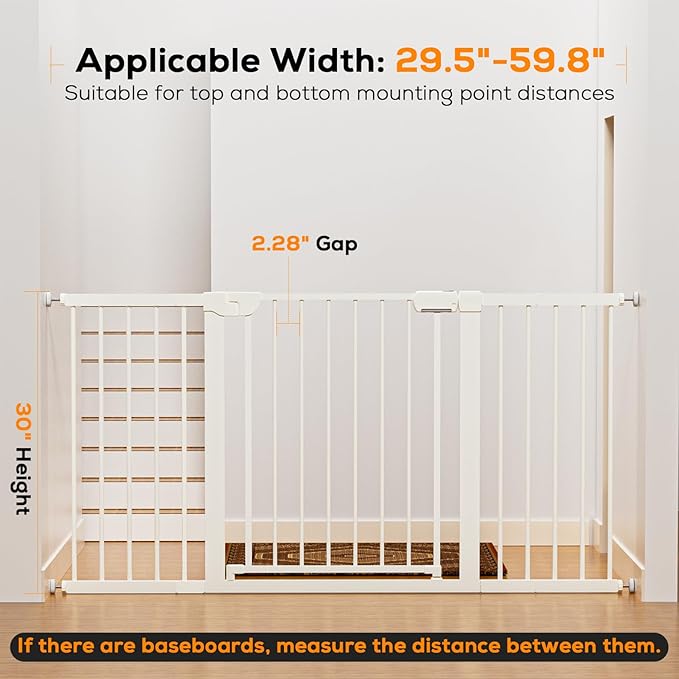 29.5-59.8" Baby Gate for Stairs, Baby Safety Essentials, Auto Close Gate for Doorways, Easy Install Pressure Mounted Dog Gate Indoor, Pet Gates for Dogs, White