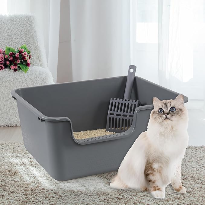 4-Pack Plastic Open Top Cat Litter Box, Cat Litter Box with High Sides, Grey