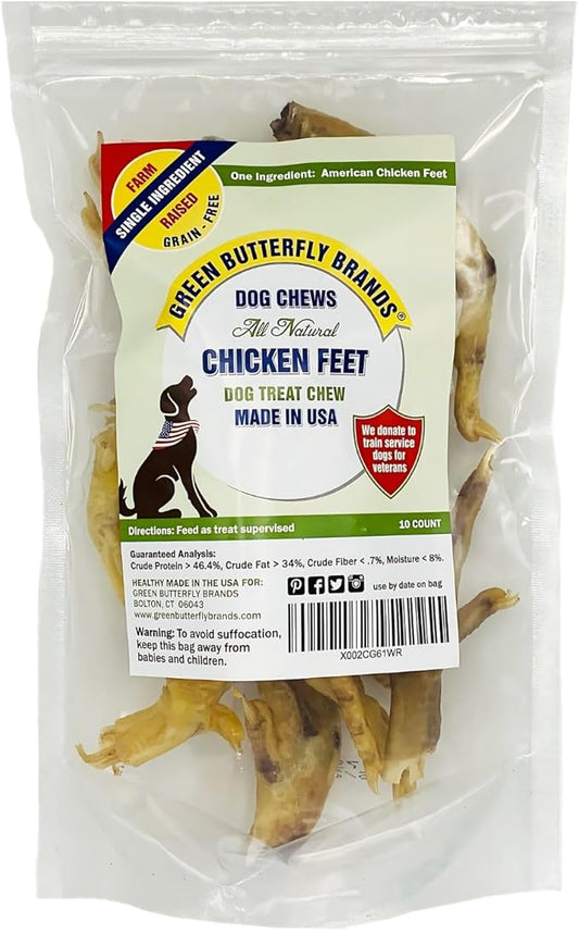 Green Butterfly Chicken Feet Dog Treats - 100% All Natural Single Ingredient Dental Chews for Dogs Made in USA from Farm Raised American Chickens - Rich in Glucosamine for Joint Health (10 Pack)