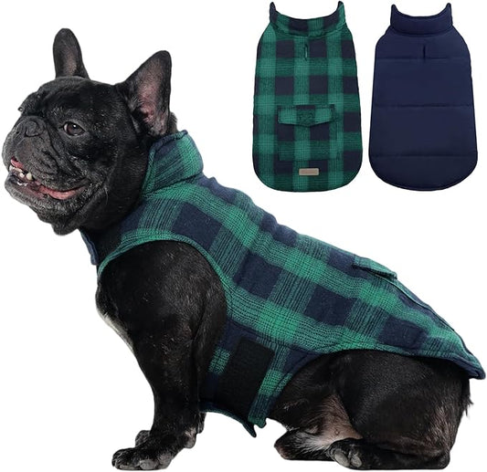 Kuoser Dog Winter Coat, Reversible Dog Jacket, Warm Doggie Coat British Style Puppy Cold Weather Vest, Windproof Pet Clothes Vest for Small Dogs, Green S