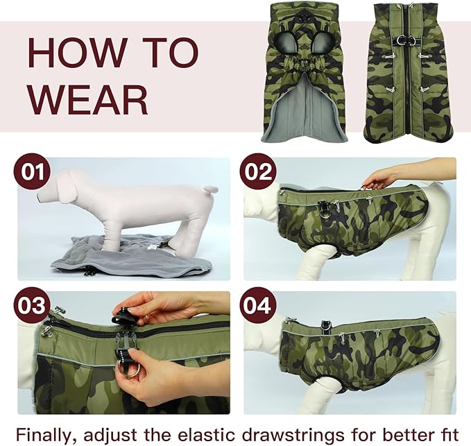 Dog Winter Jacket - XX Large, Warm Zip Up Snowsuit Dog Harness Vest, Reflective, Water-Resistant, Camouflage