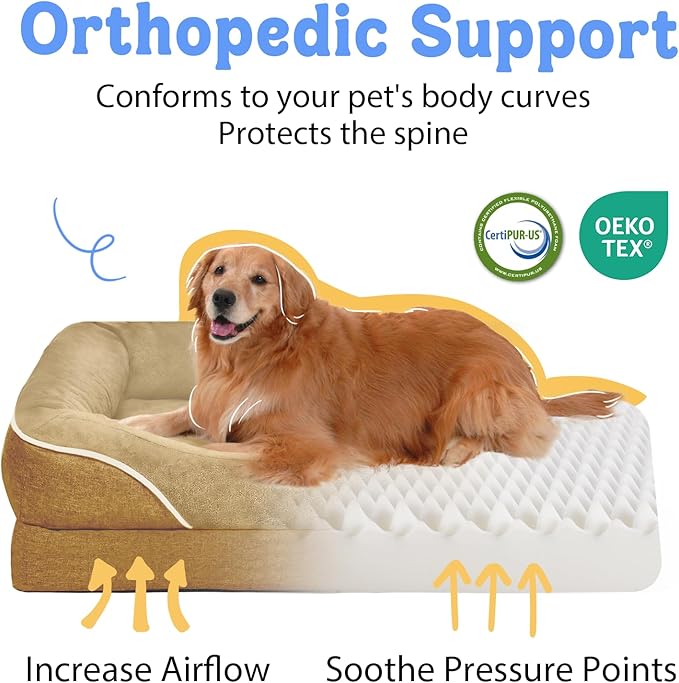 Orthopedic XL Large Dog Bed - Removable Bolster & Waterproof Washable Cover for Pet Extra Large Bed with Foam Support Non-Slip Bottom Dog Beds