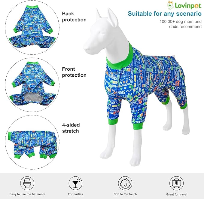 LovinPet Dog Pajamas Bodysuit for Giant Dogs -Dog Onesie with UV Protection & Anxiety Calming Shirt,Pitbull Dog Clothes, Pet Pajamas for Dogs, Cotton Jumping Frogs Print,3XL