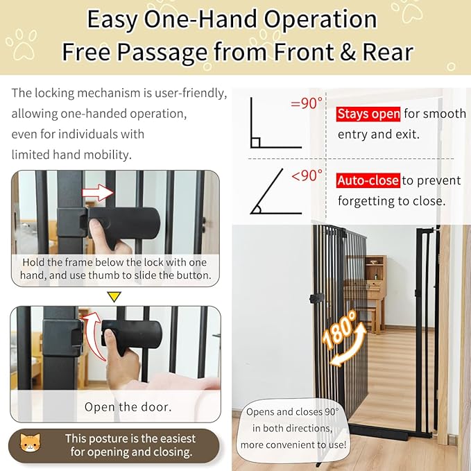 Lumizone Extra Tall Cat Gate 61.02" High Pressure Mounted Extra Wide 2025 New (17 Sizes) 1.37" Gap No Drilling Auto-Close One-Handed Operation Tall Pet Gate for Dogs(Black, 46.65"-50.97"/118.5-129CM)
