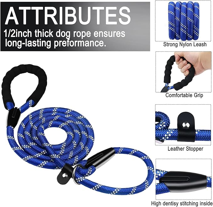 6 FT Heavy Duty Dog Leash, Durable Premium Quality Strong Training Rope Slip Leash with Comfortable Padded Handle and Highly Reflective Threads for Small Medium and Large Dogs, (Deep Blue)