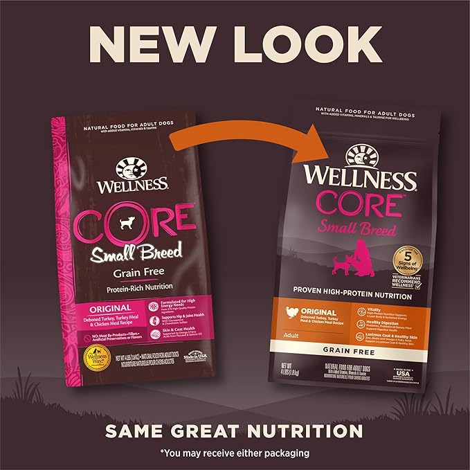 Wellness CORE Grain-Free High-Protein Small Breed Dry Dog Food, Natural Ingredients, Made in USA with Real Meat (Adult, Turkey, 4-Pound Bag)