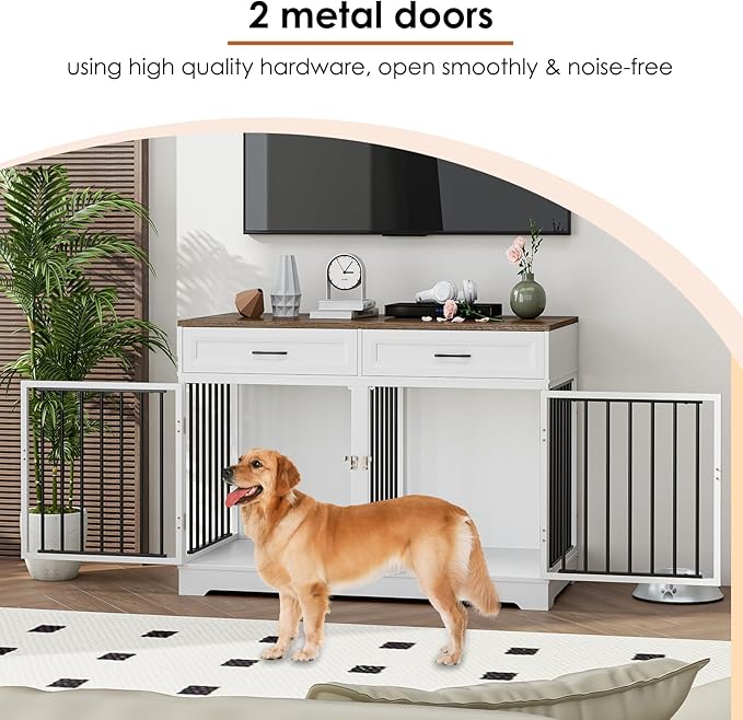 Dog Crate Furniture 47" Wooden Dog Kennels for Dogs Indoor with a Removable Divider for Large/Medium/Small Dogs, 2 Storage Drawers and Large Tabletop Dog Cages Double Doors Dog House, White
