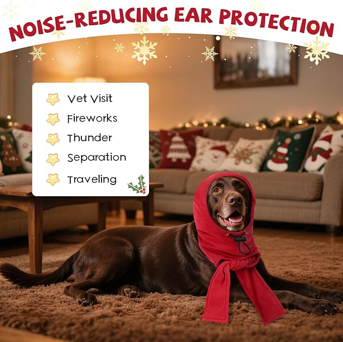DENTRUN Dog Winter Hat - Cozy Fleece Hood & Scarf for Large Dogs, Noise-Reducing Ear Cover, Christmas Costume, Red (L:12-18" Head Girth)