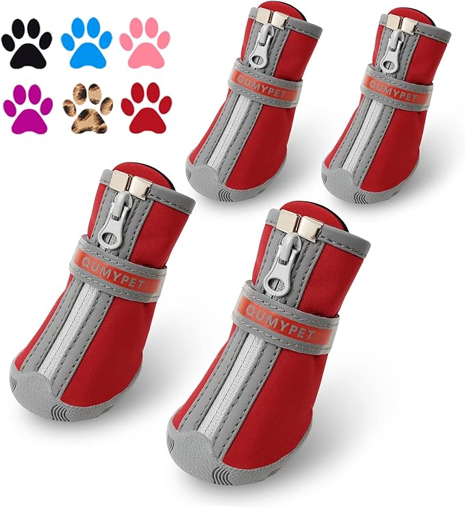 QUMY Dog Shoes for Small Dog, Puppy Dog Boots & Paw Protectors for Winter, Summer Hot Pavement, Waterproof in Rainy Weather, Ourdoor Walking, Indoor Hardfloors Skid-Resistant Soles Red Size 5
