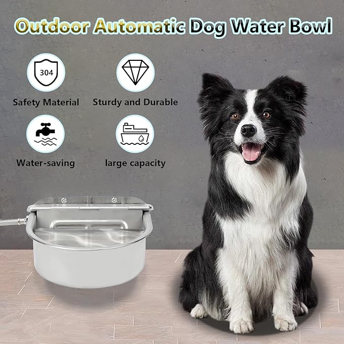 BWOGUE Automatic Water Dispenser for Dogs, 1 Gallon Outdoor Automatic Dog Water Bowl with Float Valve Stainless Steel Dispenser Fit 1/2'' and 3/4'' GHT Faucet for Dog Horse Chicken