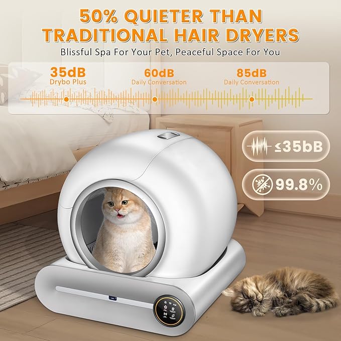 Self Cleaning Cat Litter Box, 65L+ 9 L Extra Large Robot Automatic Litter Box for Multiple Cats, APP Control, Deodorization & Negative ion Sterilization with cat litters Boxes Bags,[White]