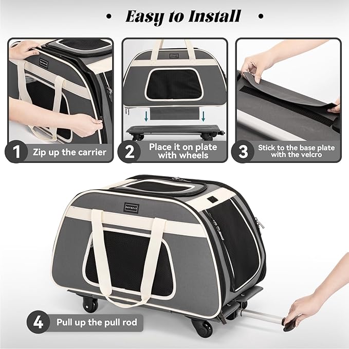 PETSFIT Large Pet Carrier with Wheels Designed for 2 Small Dogs/Multiple Kittens/Medium Dogs with Adjustable Safety Rope & Waterproof Bottom(𝑵𝒐𝒕 𝒂𝒊𝒓𝒍𝒊𝒏𝒆 𝒂𝒑𝒑𝒓𝒐𝒗𝒆𝒅)