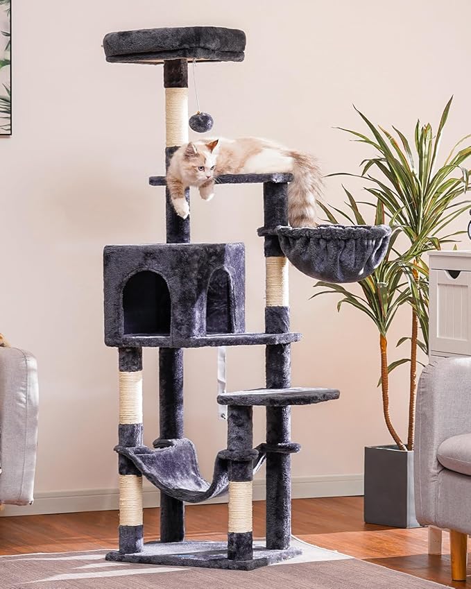 Hey-brother Cat Tree with Large Hammock, Multi-Level Cat Tower for Indoor Cats, Cat Condo with Sisal-Covered Scratching Posts and Top Perch, Smoky Gray MPJ050G