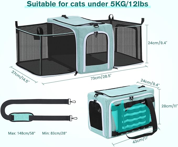 Pecute Cat Carrier Expandable, Airline Approved Cat Soft-Sided Carriers, Breathable Pet Carriers up to 5kg/12lbs, Collapsible Cat Bag Carrier Great for Travel, Outdoor, Hiking, Camping, Light Blue