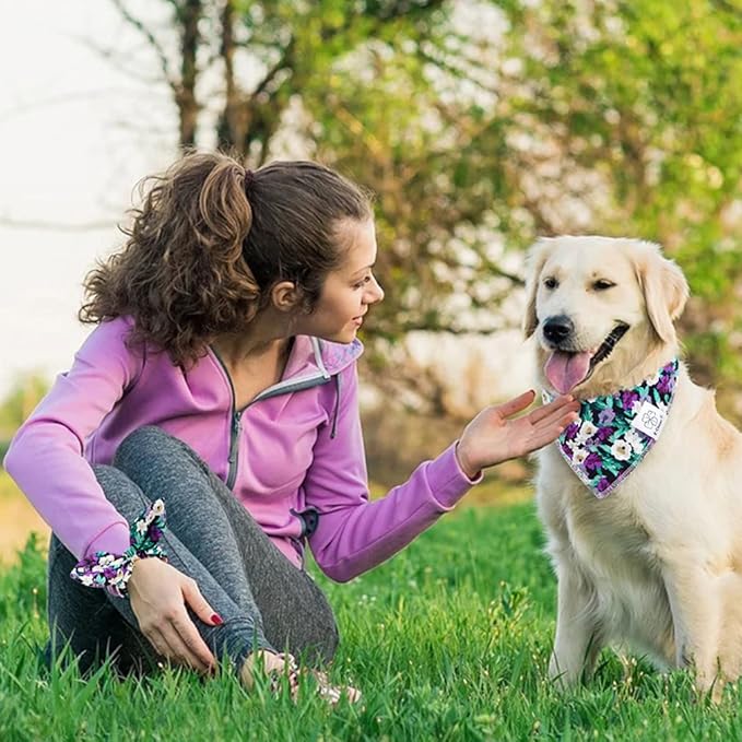 E-Clover Dog Bandanas & Matching Scrunchie Set Dog Bandana Scarf Bibs Washable Kerchief for Medium Large Dogs & Pet Owner Purple Halloween Accessories