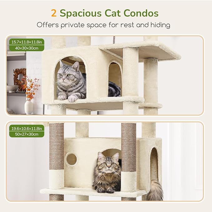 Globlazer Large Cat Tree Tower, Tall Cat Tree Condos for Indoor Cats Large Adult Cat Climbing Tower with 2 Spacious Caves, Oversized Top Perch, Big Hanging Basket, Cat Teaser Wand, F74B, Beige