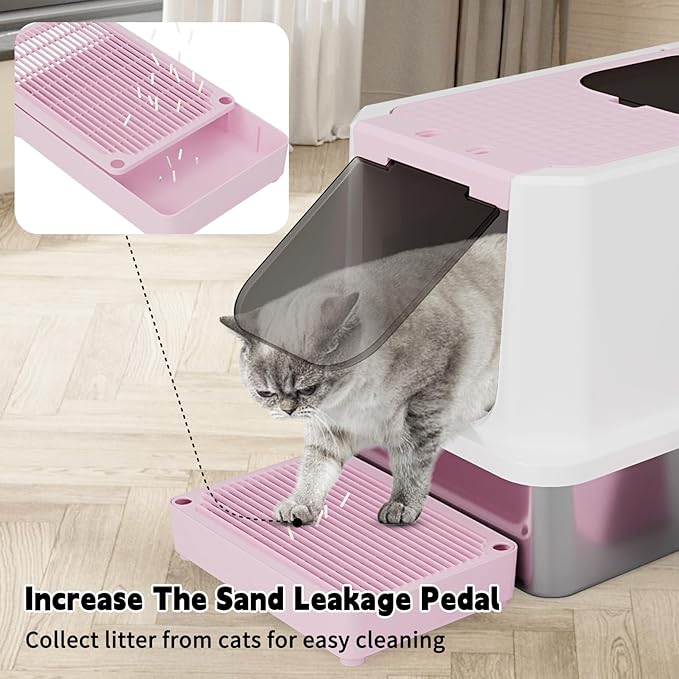 RIZZARI Enclosed Cat Litter Box: Pink Stainless Steel Odorless Cat Box - Top-Entry Design - Large Capacity High-Sided Leak Proof Litter Pan for Cats - Easy Clean Pet Toilet - for Living Room Bedroom