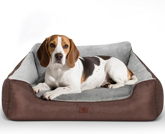 Large Dog Bed, Washable Dogs Beds for Large Dogs, Rectangle Pet Beds Soft Calming Dog Beds with Non-Slip Bottom, 31”x26”x7”, Brown