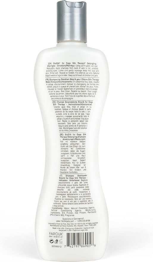 BioSilk for Dogs Silk Therapy Moisturizing Dog Detangling Shampoo - Dog Matted Hair Detangler Cleans, Moisturizes, and Detangles - Dematting Shampoo for Dogs, Grooming Supplies, 12 Fl Oz
