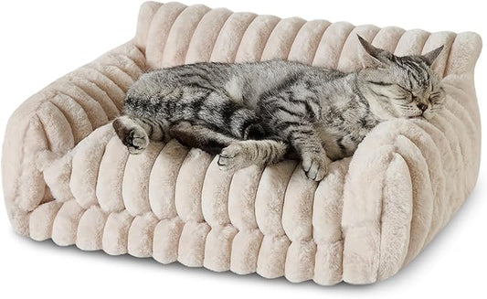 Hollypet Cat Bed Fluffy Plush Mutifuctional Double-Layer Soft Pet Couch Orthopedic Sofa Nest Beds for Small Cats and Dogs, Cream (21x15x8 inch)