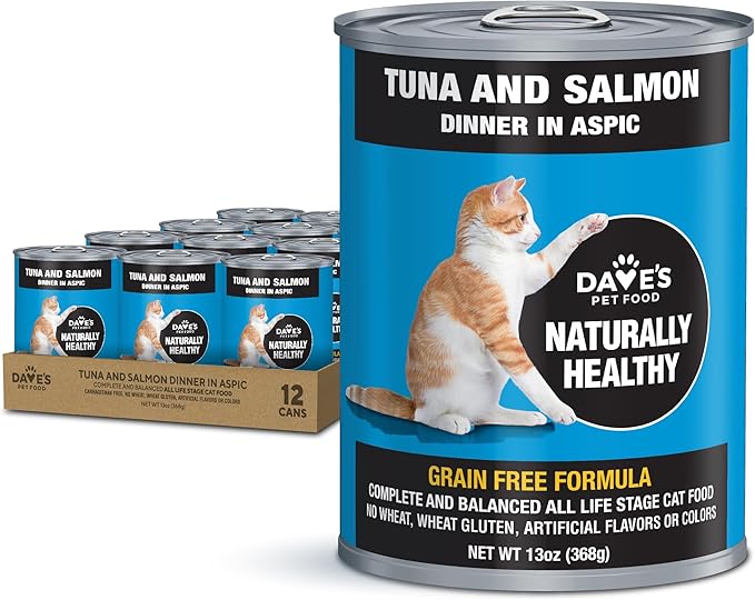 Dave's Pet Food Grain-Free Canned Cat Food (Tuna & Salmon Dinner in Aspic), Canned Wet, 13-oz (12 Pack)