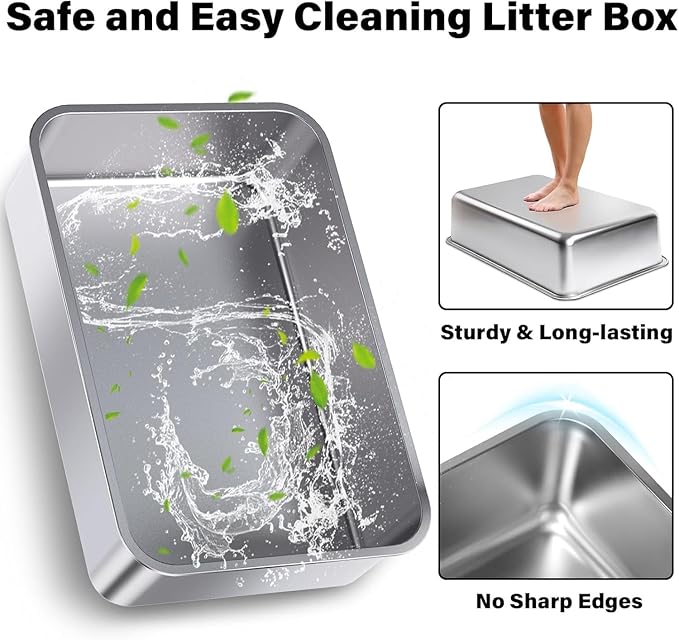 2 Pack Stainless Steel Litter Box, XL Extra Large Cat Litter Boxes for Big Cats, Metal Litter Box with High Sided Lid, Anti-Urine Leakage, Never Absorbs Odors, Easy Cleaning, Non-Stick, Include Scoop